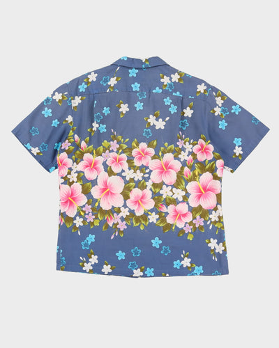 Vintage 80s Ui-Maikai Blue Floral Hawaiian Shirt - L