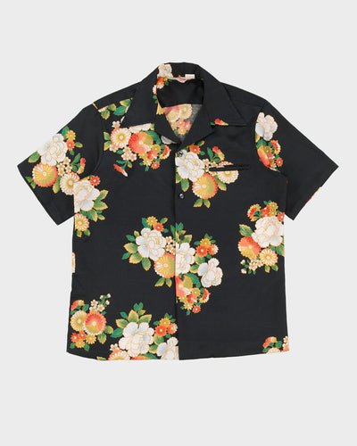 Vintage 70s Floral Patterned Black Shirt - XL