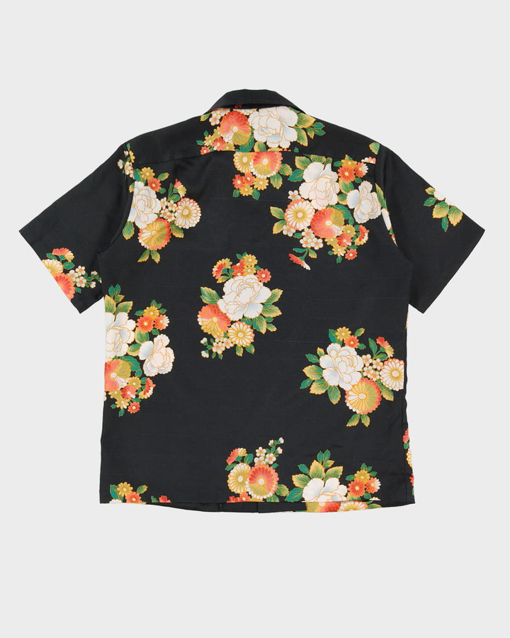 Vintage 70s Floral Patterned Black Shirt - XL
