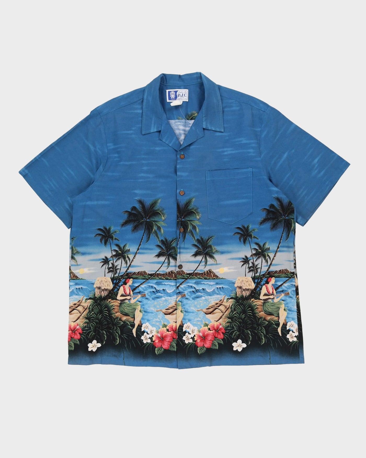 Vintage 90s RJC Blue Island Print Hawaiian Shirt - XL