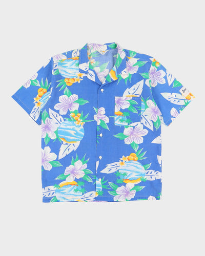 Vintage 60s Beach Bums Blue Floral Short-Sleeve Hawaiian Shirt - M
