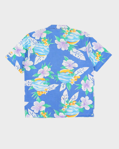 Vintage 60s Beach Bums Blue Floral Short-Sleeve Hawaiian Shirt - M