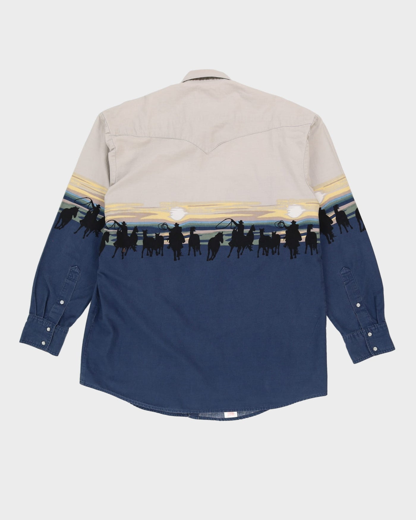Vintage 90s Grey / Blue Cowboy Graphic Western Denim Shirt - XL