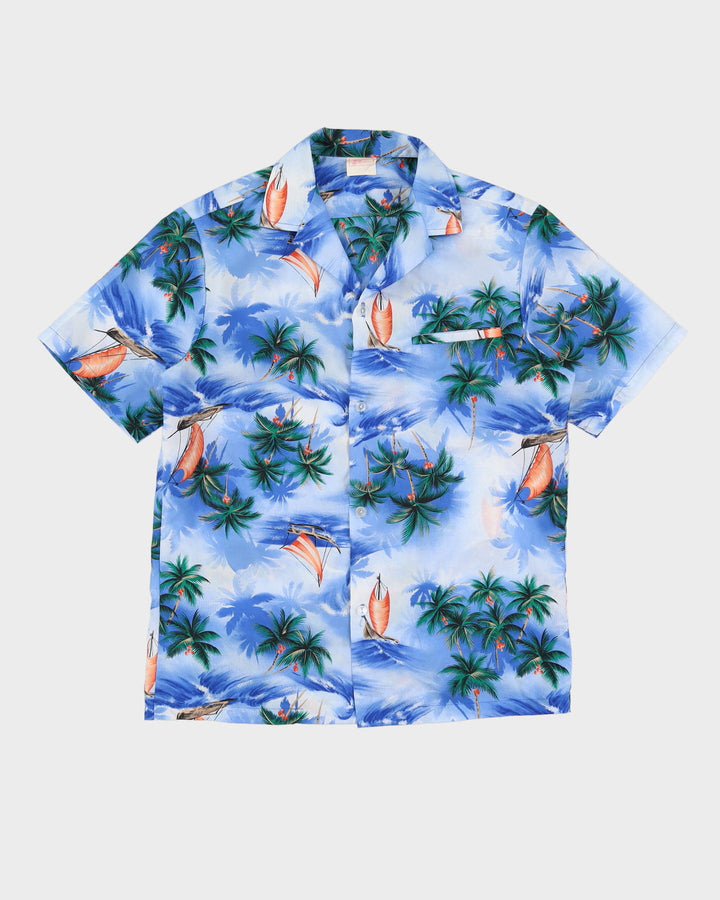 Vintage 60s Kalena Fashions Blue Tropical Patterned Hawaiian Shirt - M