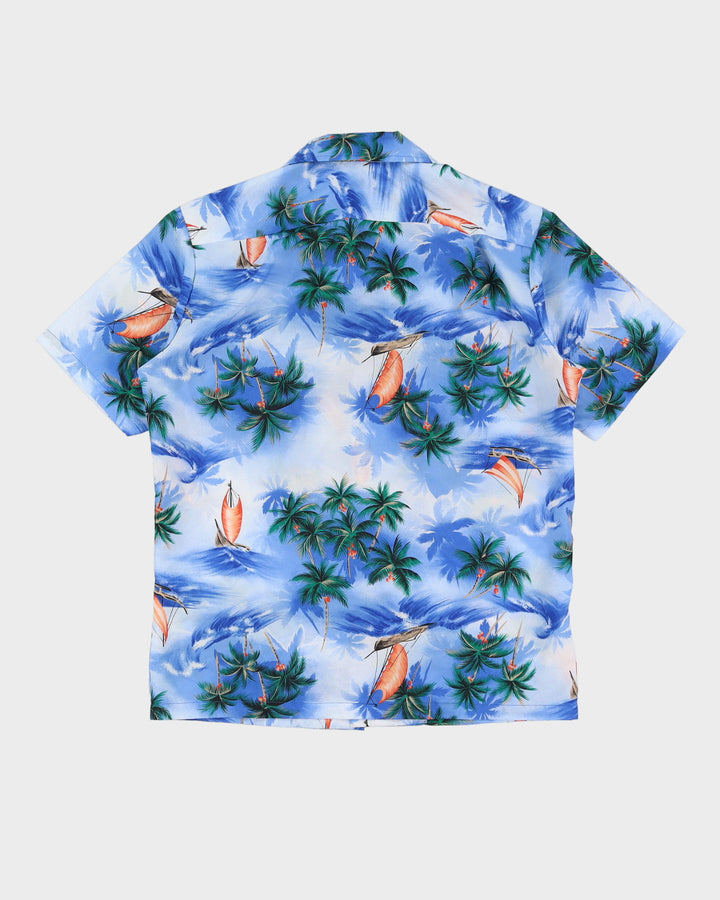 Vintage 60s Kalena Fashions Blue Tropical Patterned Hawaiian Shirt - M