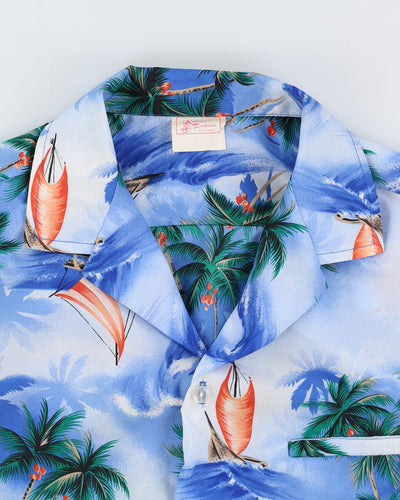 Vintage 60s Kalena Fashions Blue Tropical Patterned Hawaiian Shirt - M