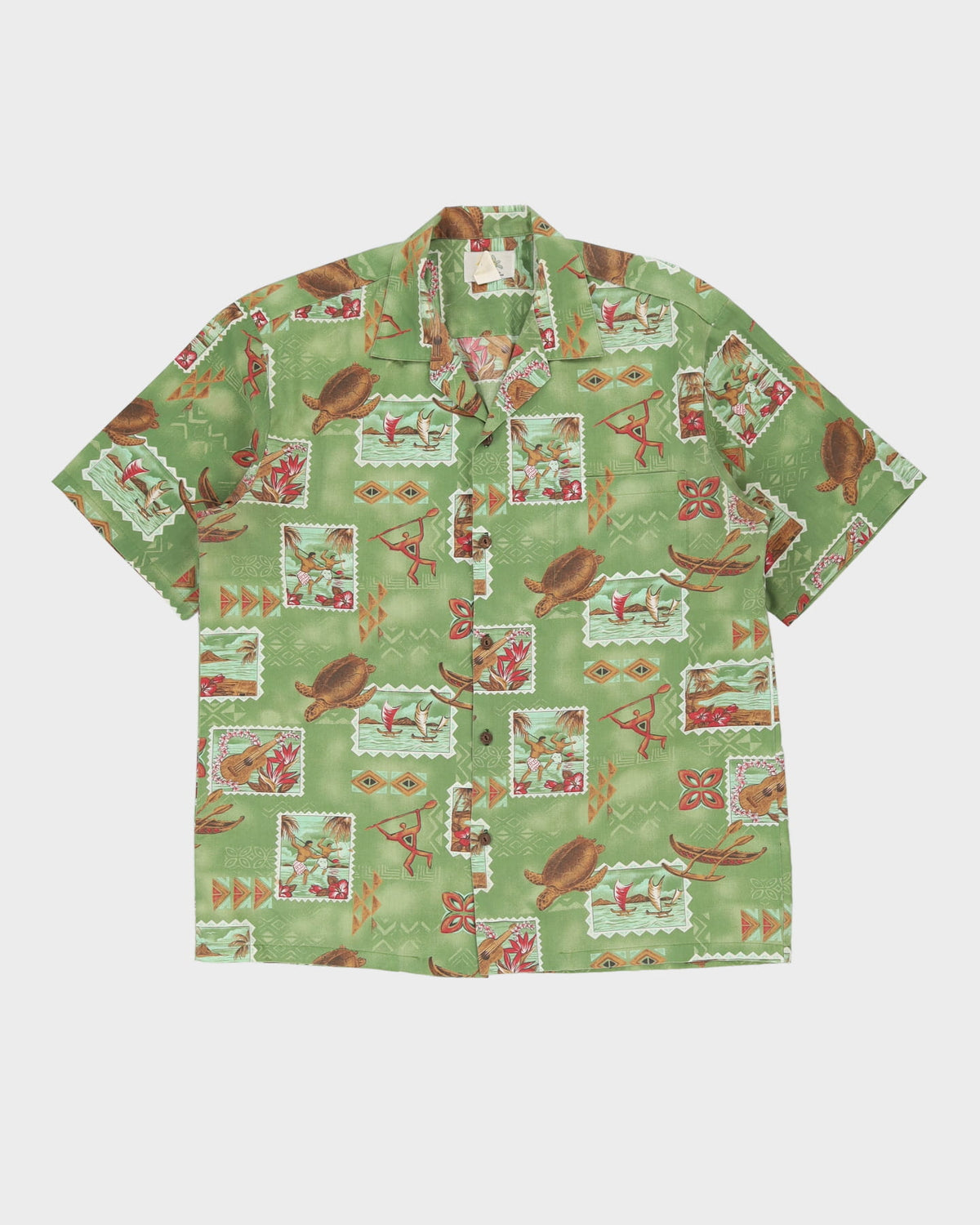 Vintage 80s Ho Aloha Green Turtle Patterned Hawaiian Shirt - L