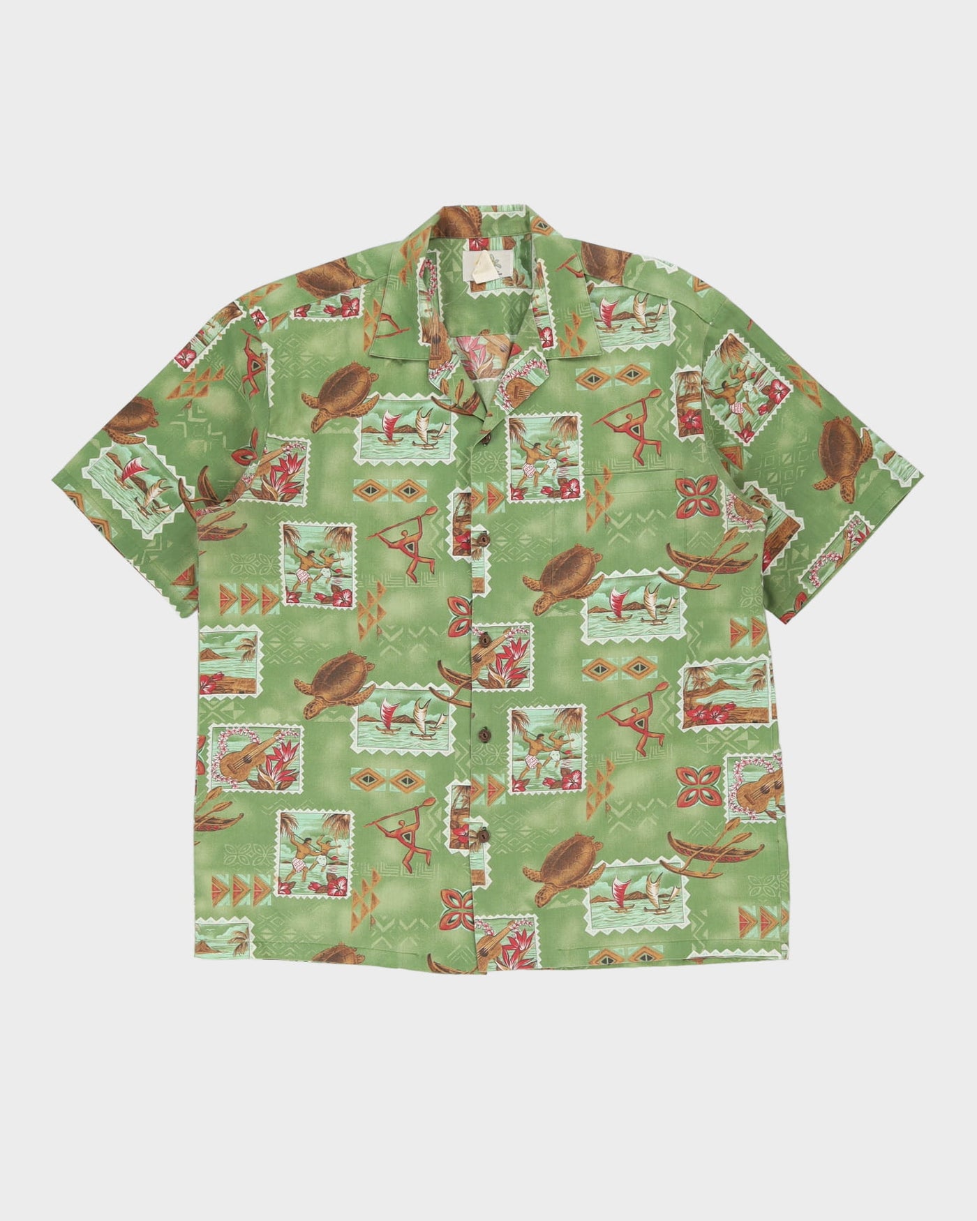 Vintage 80s Ho Aloha Green Turtle Patterned Hawaiian Shirt - L