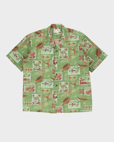 Vintage 80s Ho Aloha Green Turtle Patterned Hawaiian Shirt - L