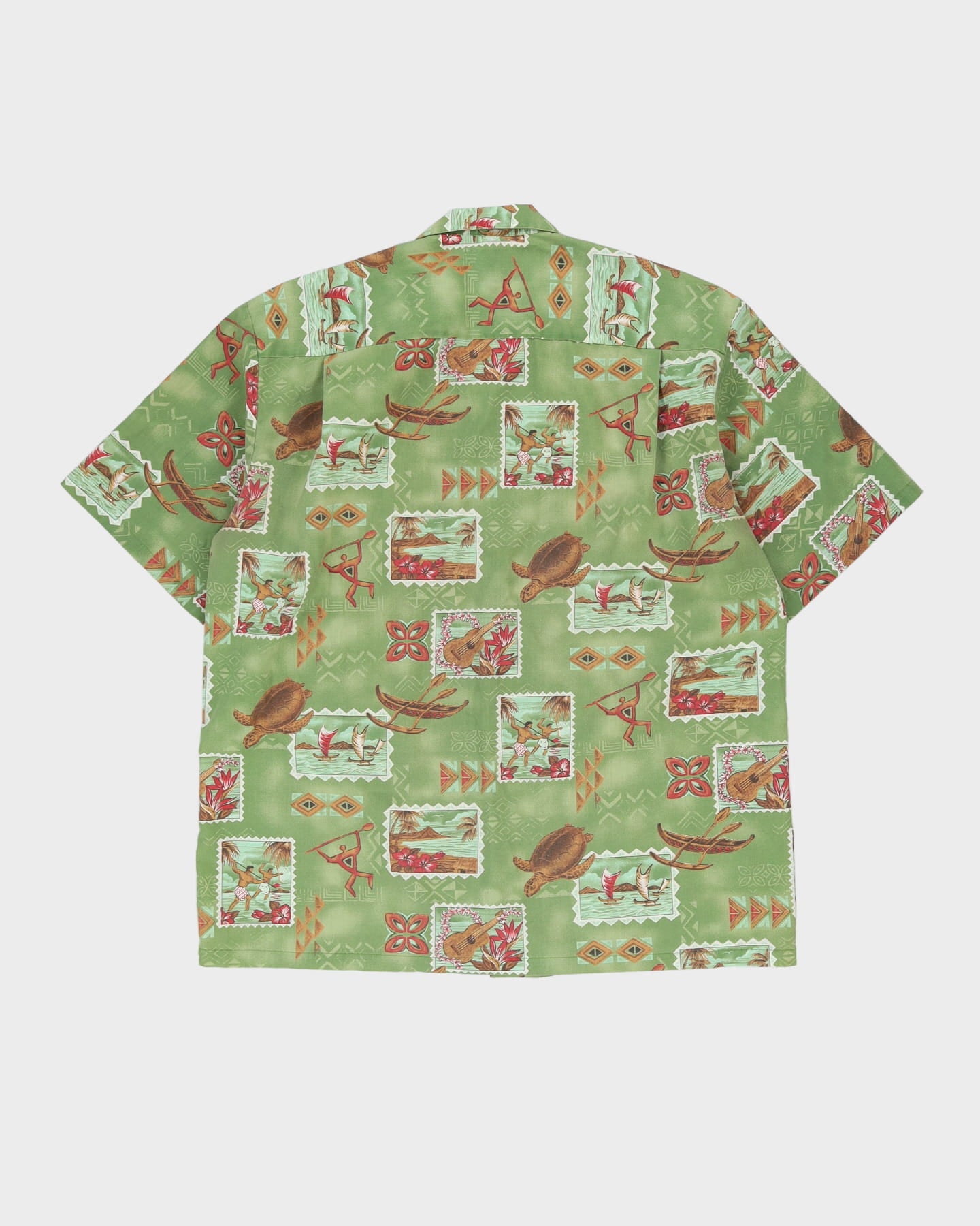 Vintage 80s Ho Aloha Green Turtle Patterned Hawaiian Shirt - L