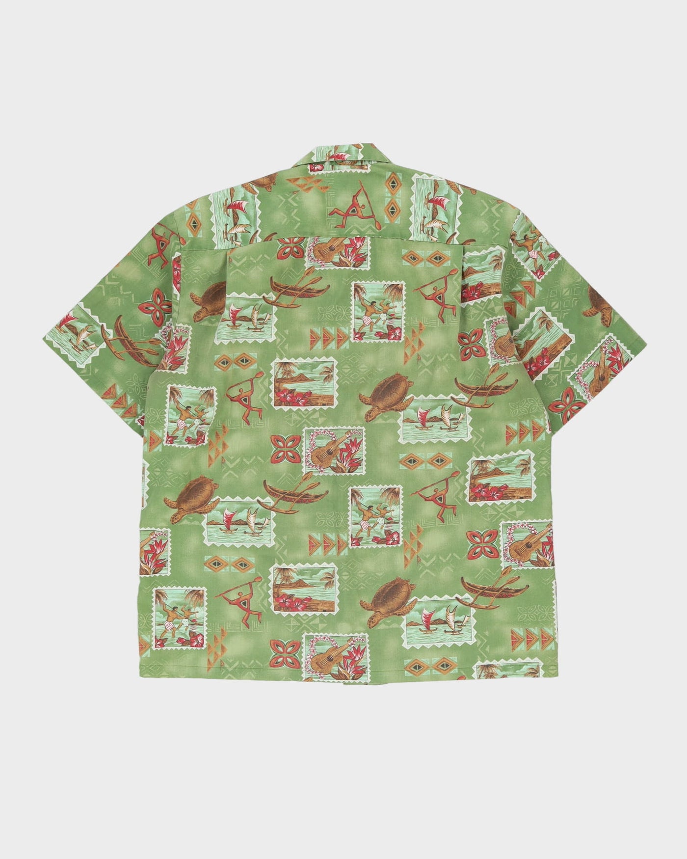 Vintage 80s Ho Aloha Green Turtle Patterned Hawaiian Shirt - L