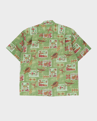 Vintage 80s Ho Aloha Green Turtle Patterned Hawaiian Shirt - L