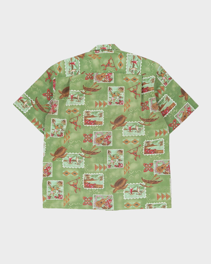 Vintage 80s Ho Aloha Green Turtle Patterned Hawaiian Shirt - L