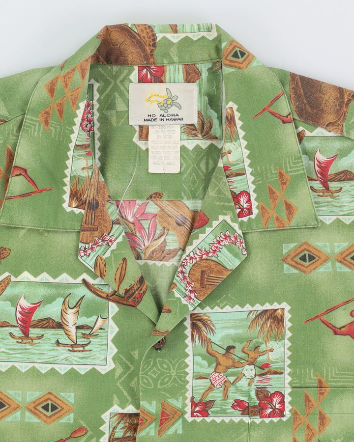 Vintage 80s Ho Aloha Green Turtle Patterned Hawaiian Shirt - L