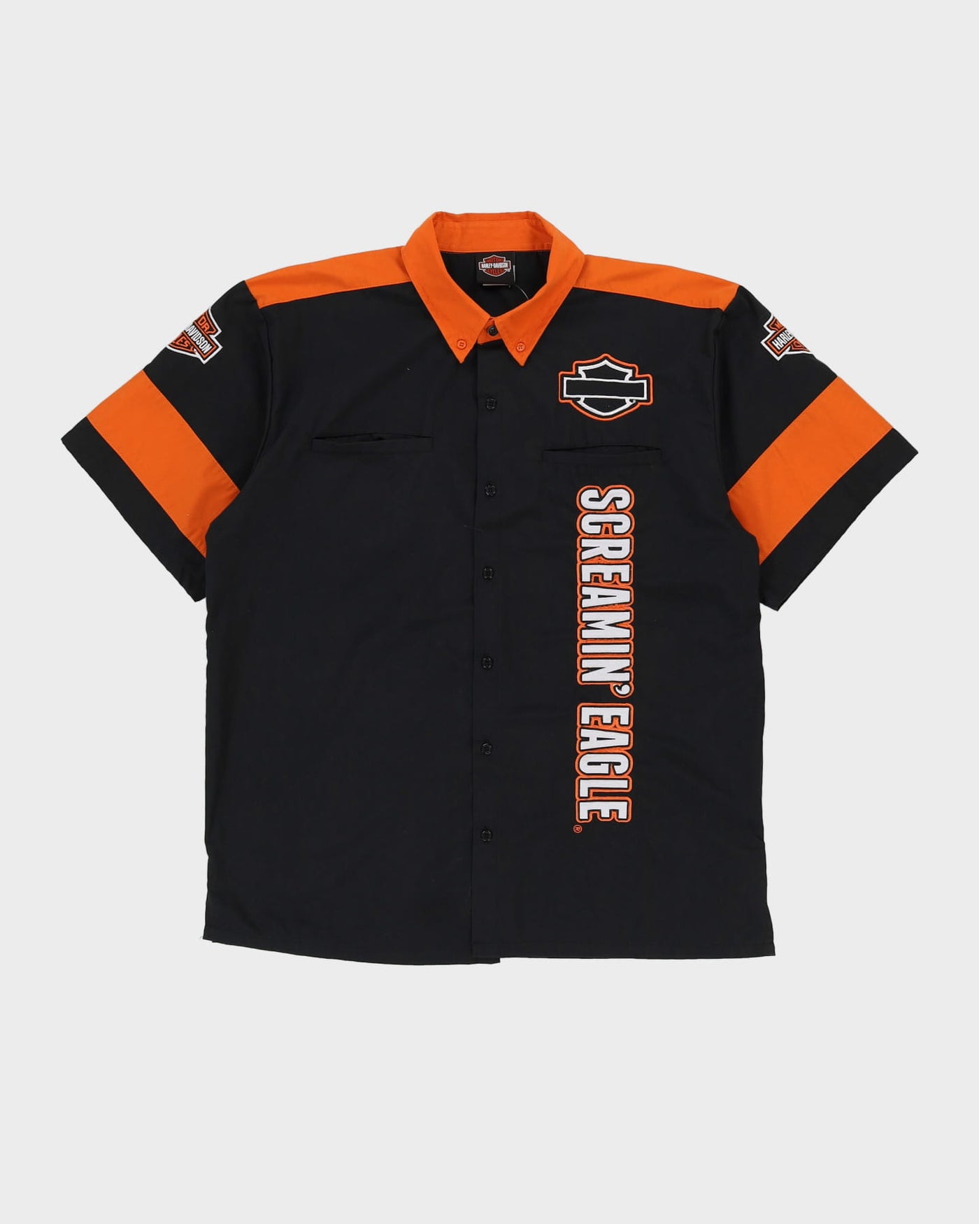 00s Harley Davidson Black / Orange Work Shirt - L