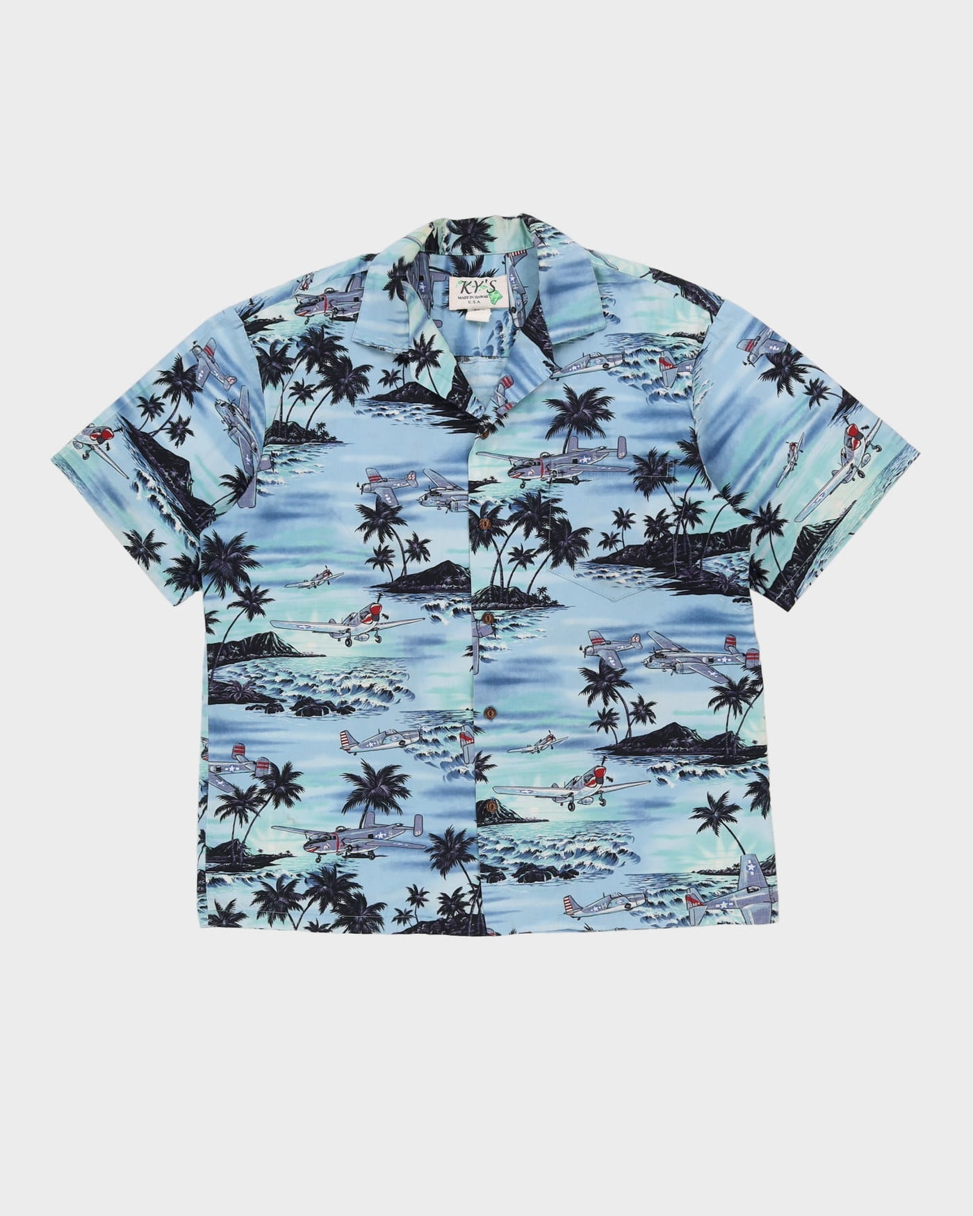 Vintage 90s Ky's Blue Aeroplane Patterned Short-Sleeve Hawaiian Shirt - L