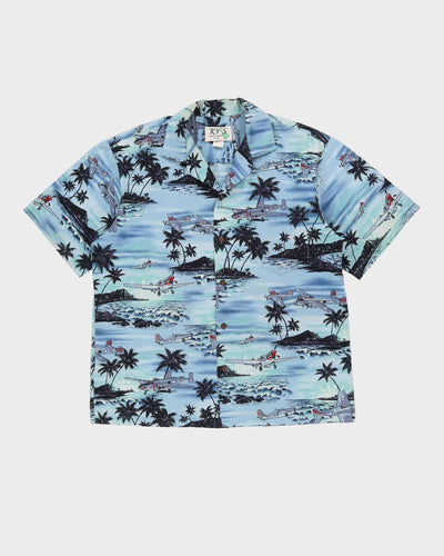 Vintage 90s Ky's Blue Aeroplane Patterned Short-Sleeve Hawaiian Shirt - L