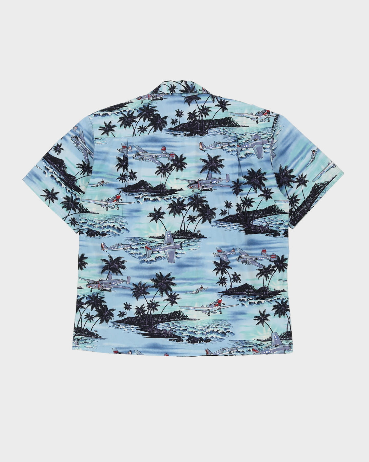Vintage 90s Ky's Blue Aeroplane Patterned Short-Sleeve Hawaiian Shirt - L