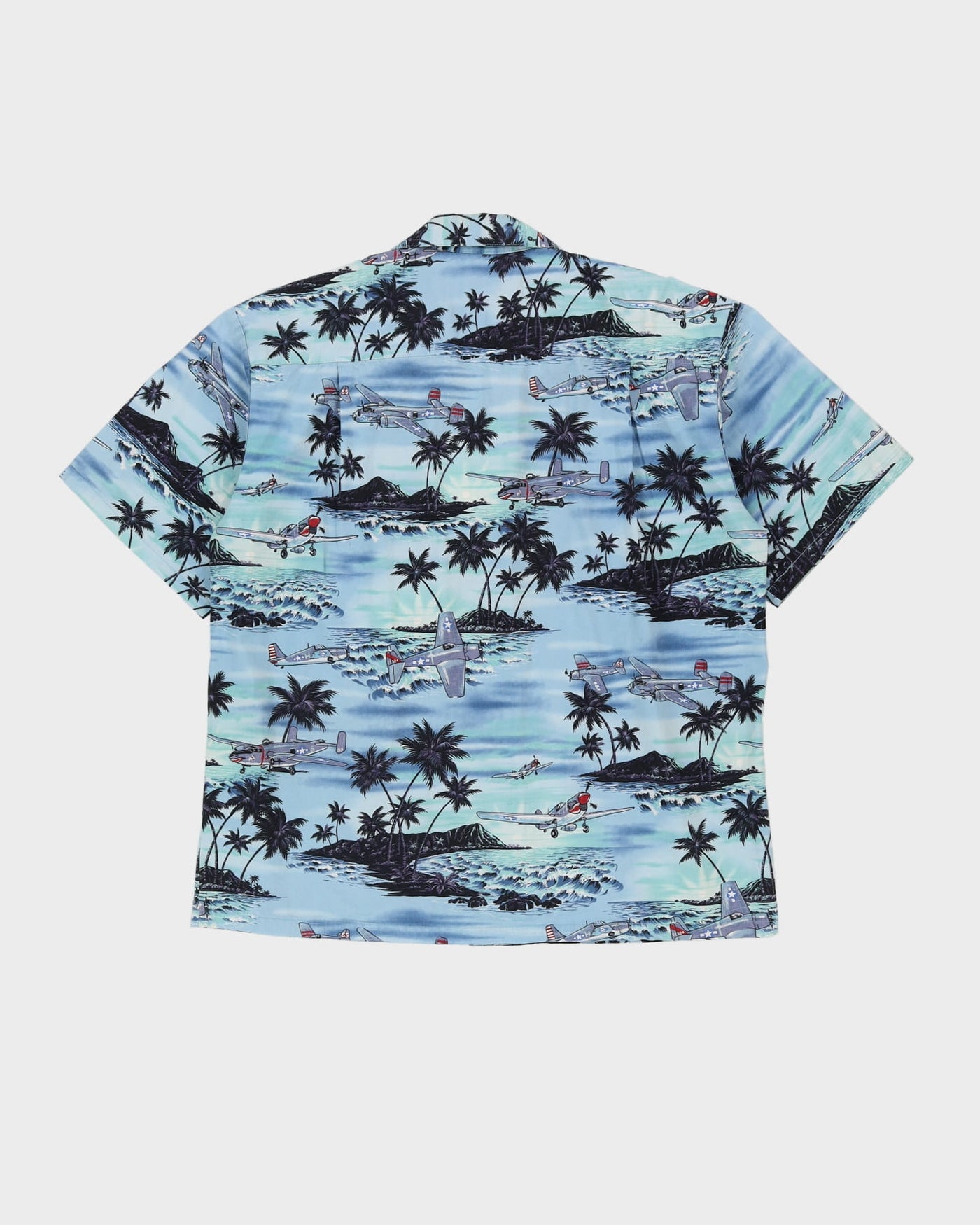 Vintage 90s Ky's Blue Aeroplane Patterned Short-Sleeve Hawaiian Shirt - L