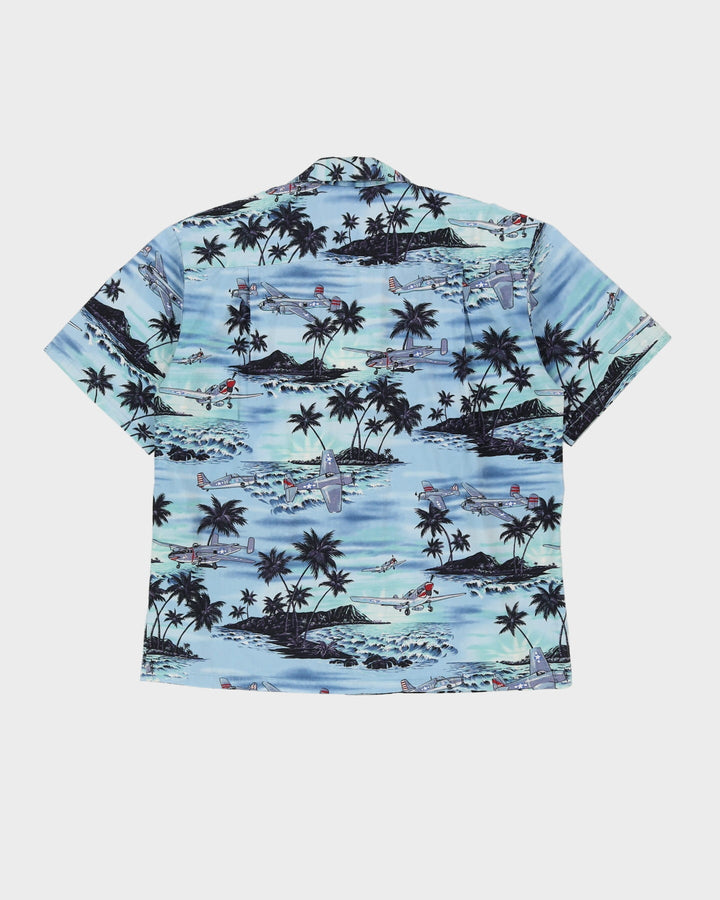Vintage 90s Ky's Blue Aeroplane Patterned Short-Sleeve Hawaiian Shirt - L