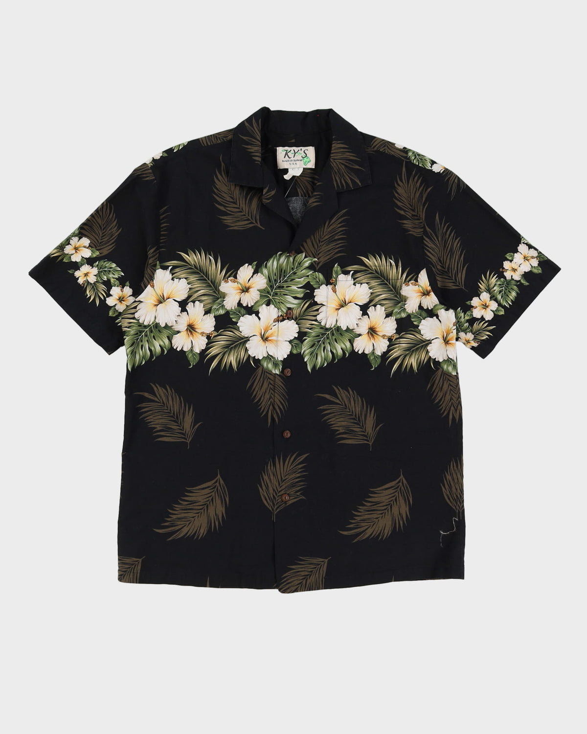 Vintage 90s Ky's Black Floral Patterned Short-Sleeve Hawaiian Shirt - L