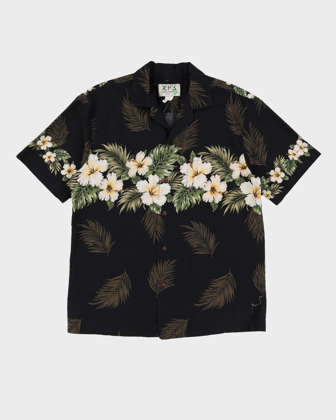 Vintage 90s Ky's Black Floral Patterned Short-Sleeve Hawaiian Shirt - L
