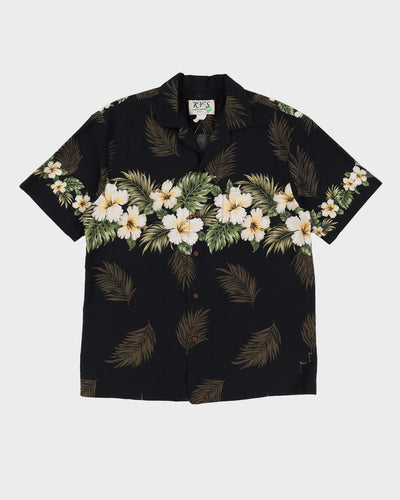 Vintage 90s Ky's Black Floral Patterned Short-Sleeve Hawaiian Shirt - L
