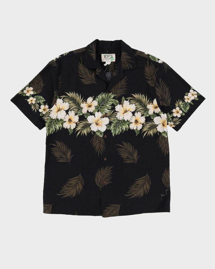 Vintage 90s Ky's Black Floral Patterned Short-Sleeve Hawaiian Shirt - L