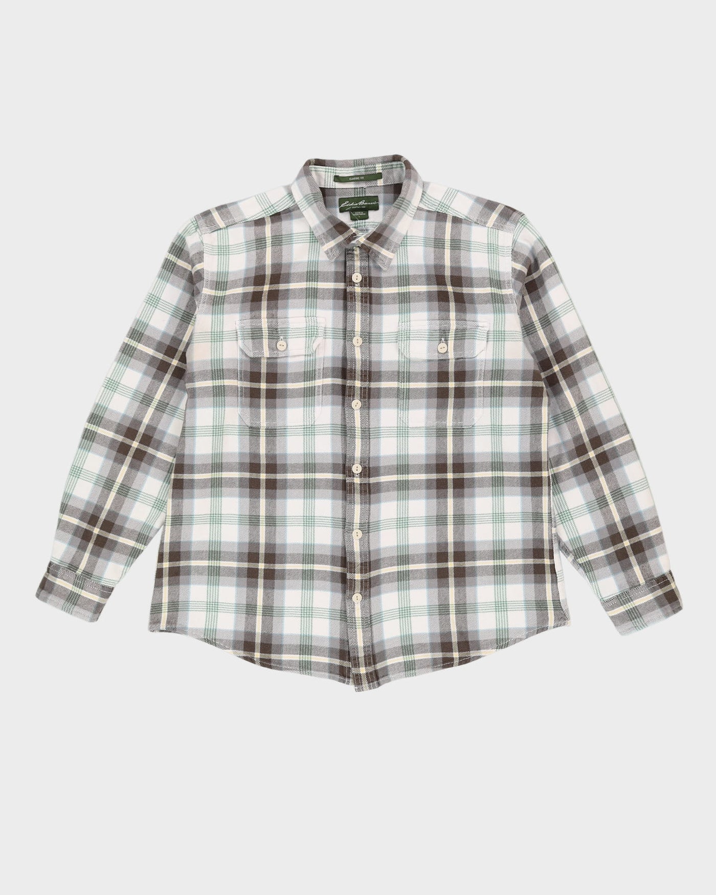 Eddie Bauer White / Grey / Green Check Patterned Flannel Shirt - L