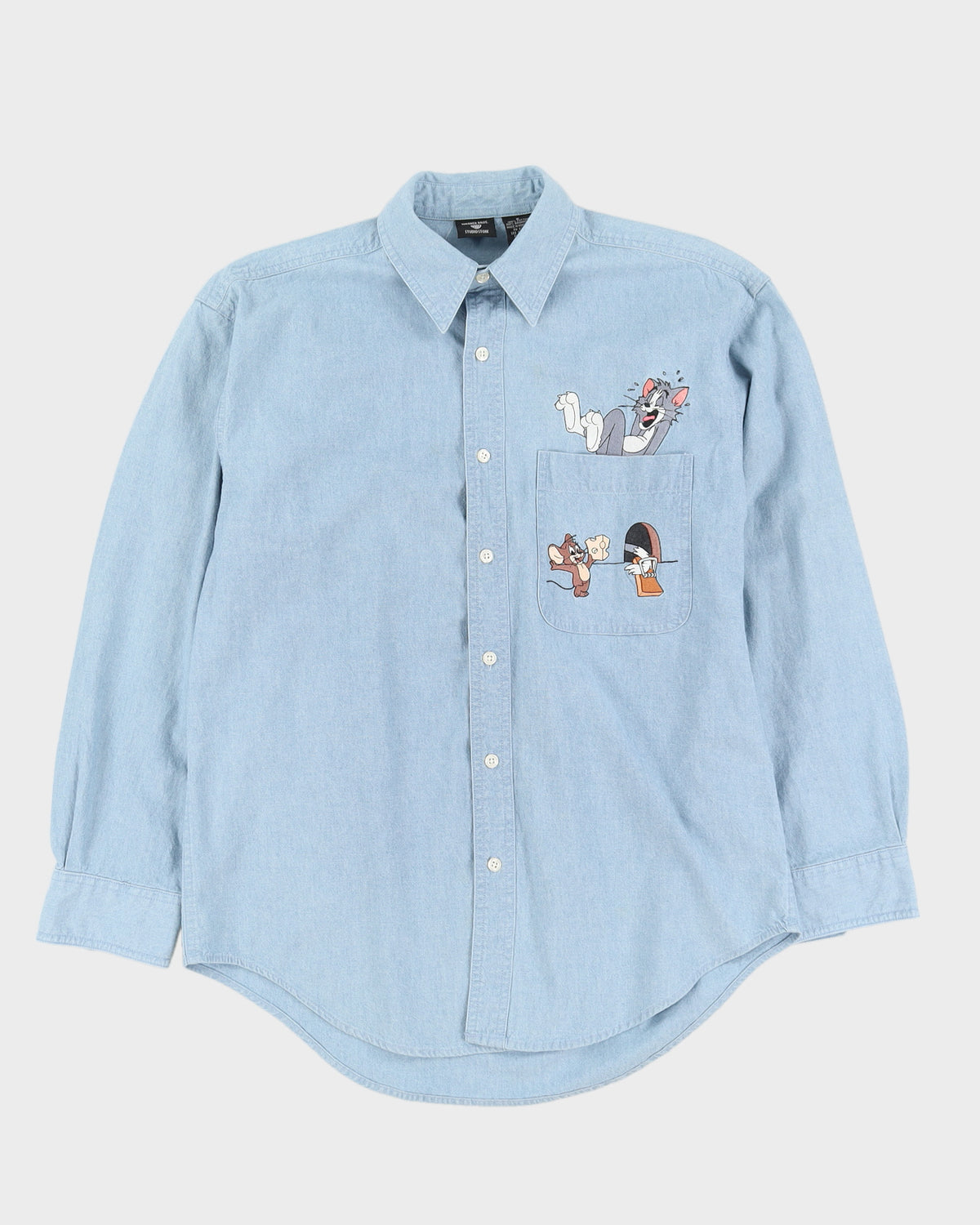 00s Warner Bros Blue Embroidered Tom &amp; Jerry Blue Denim Shirt - S