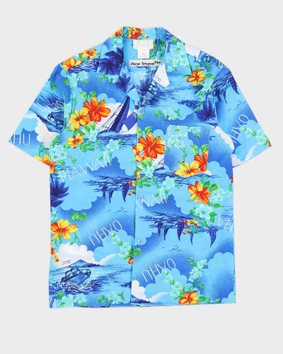 1990s Blue Patterned Hawaiian Shirt - M