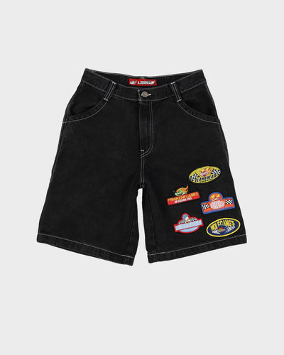 00s Y2K Flamehead Contrast Stitch Black Denim Shorts - W32