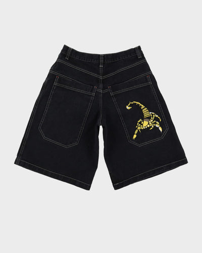 00s Y2K Extreme Zone Scorpion Contrast Stitch Black Denim Shorts - W30