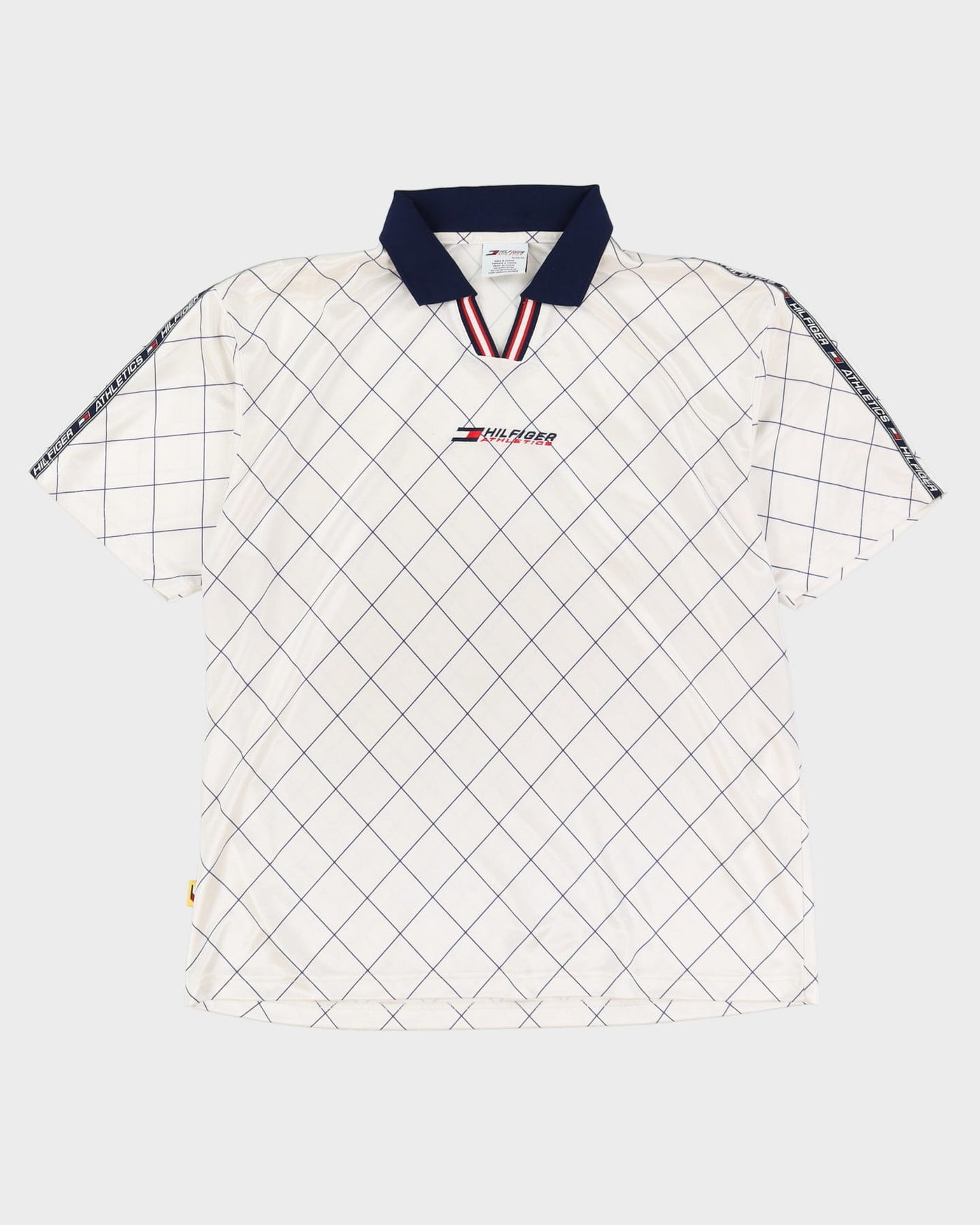 90s Tommy Hilfiger Athletics White / Blue Patterned Football Shirt / Jersey - XL