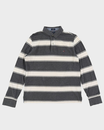 Tommy Hilfiger Grey / White Striped Long Sleeve Polo Shirt - M