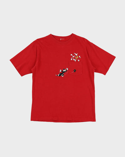 90s Looney Tunes Sylvester & Tweetie Embroidered Red Pocket T-Shirt - M