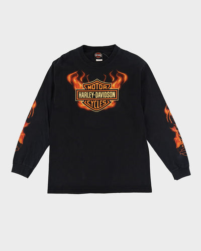 Harley Davidson Black Flaming Logo Long Sleeve Graphic T-Shirt - M