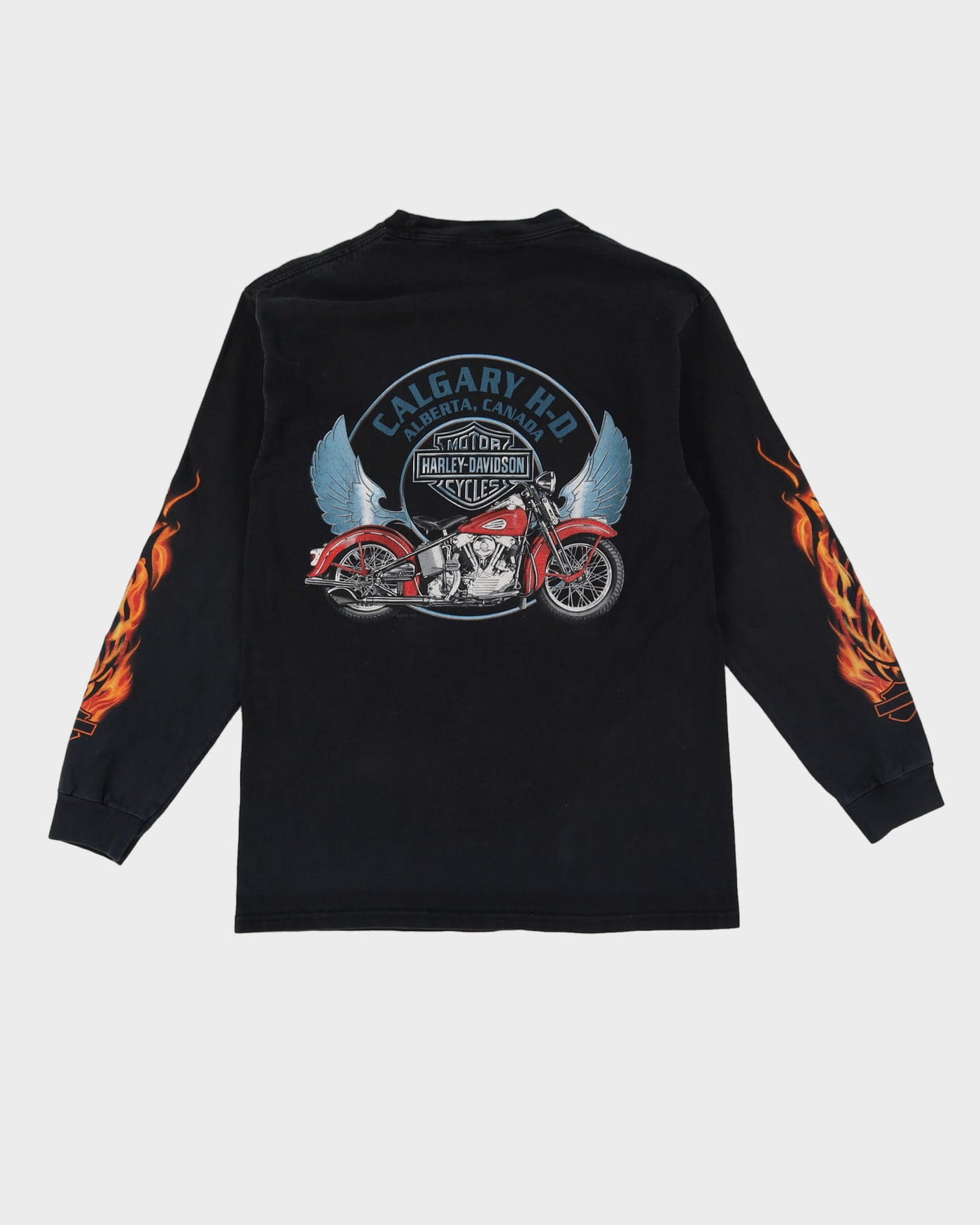 Harley Davidson Black Flaming Logo Long Sleeve Graphic T-Shirt - M