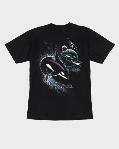 90s Planets / Whales Harlequin Nature Graphics Black Single Stitch T-Shirt - M