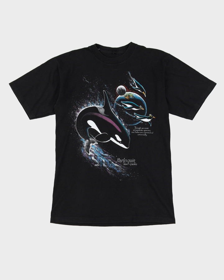 90s Planets / Whales Harlequin Nature Graphics Black Single Stitch T-Shirt - M