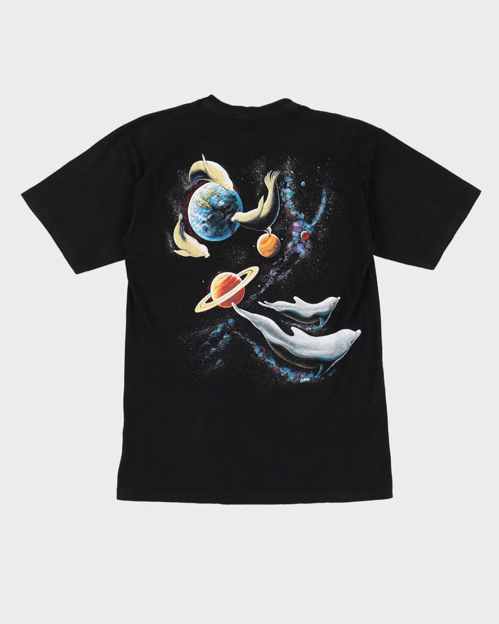90s Planets / Whales Harlequin Nature Graphics Black Single Stitch T-Shirt - M