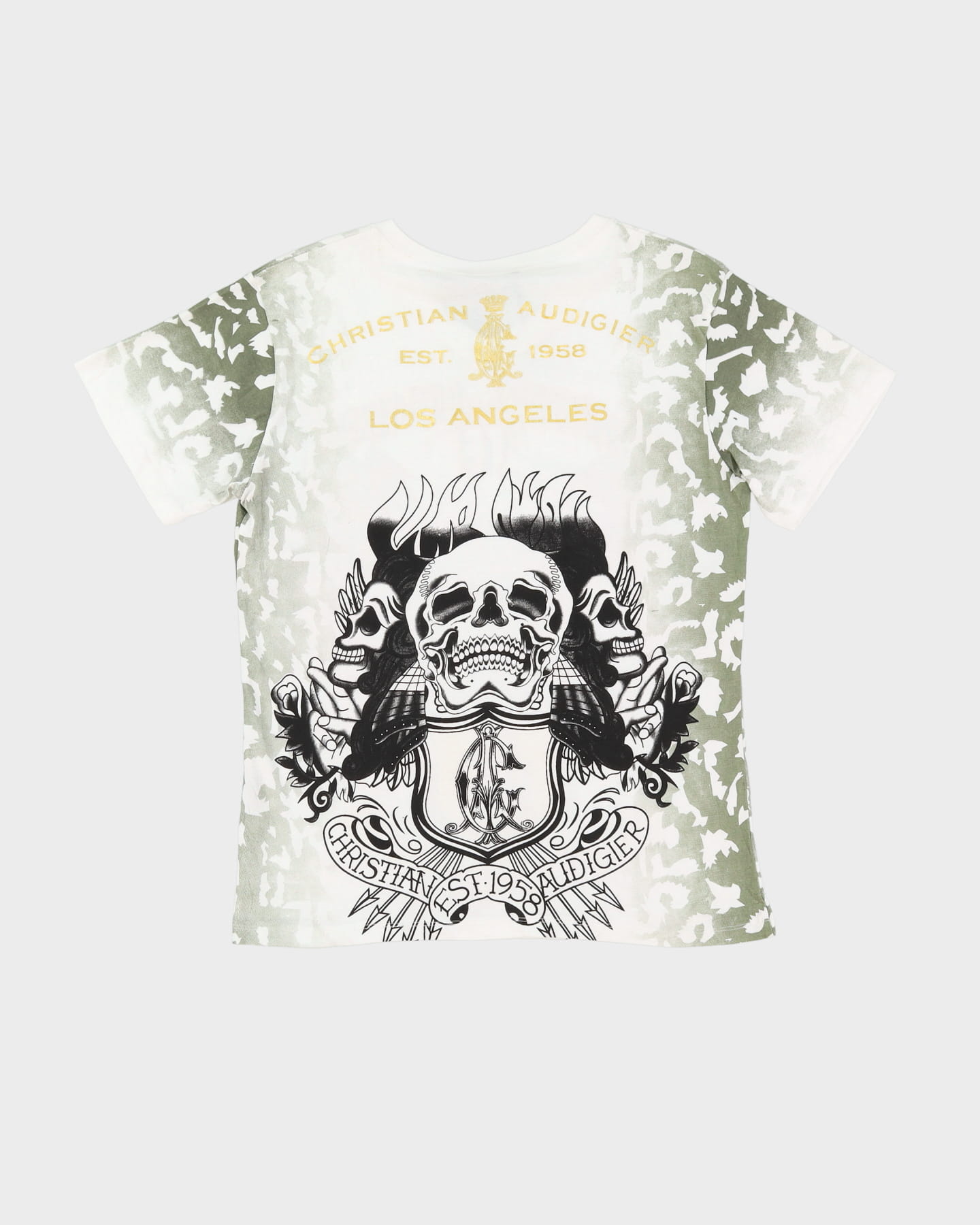 New With Tags Christian Audgier Ed Hardy Style All Over Print White / Multi Coloured T-Shirt - M