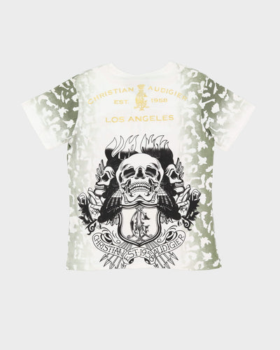 New With Tags Christian Audgier Ed Hardy Style All Over Print White / Multi Coloured T-Shirt - M