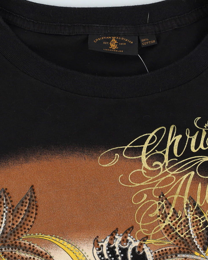 Christian Audgier Ed Hardy Style All Over Print Black Lion T-Shirt - L