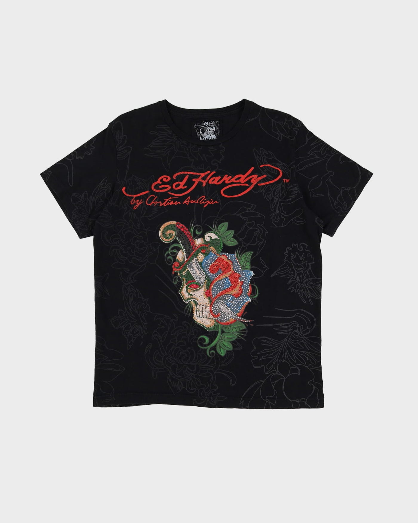 Ed Hardy All Over Print Black Skull Slim Fit T-Shirt - XL