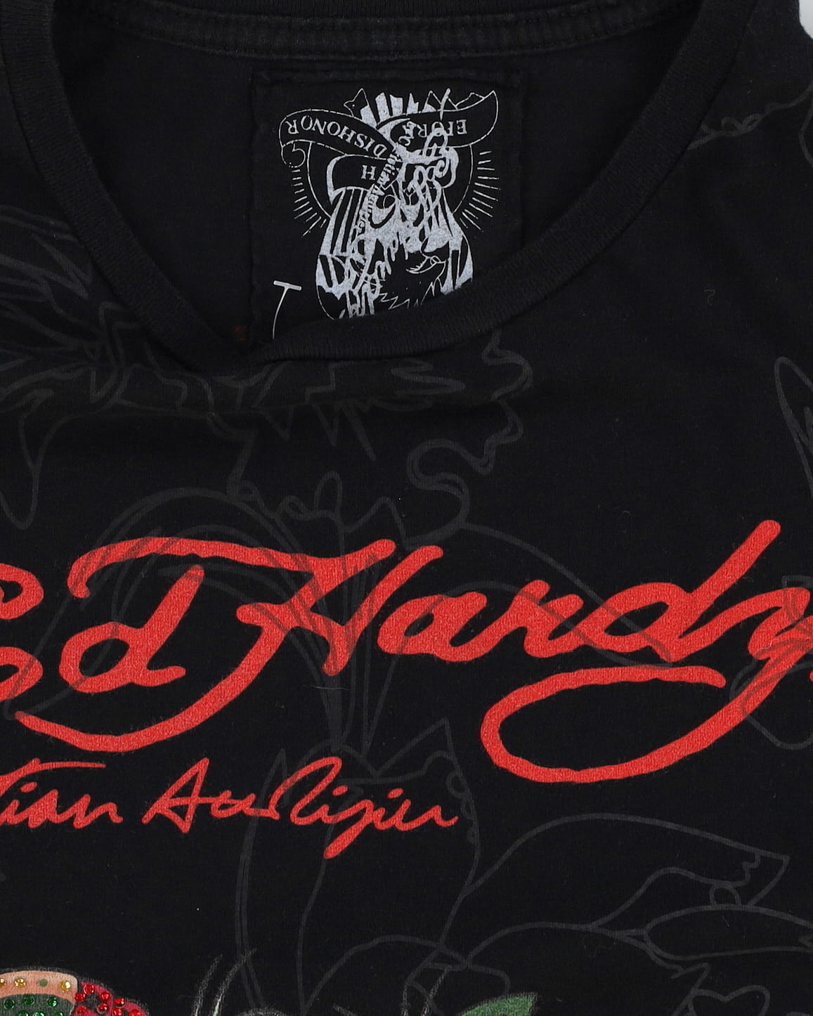 Ed Hardy All Over Print Black Skull Slim Fit T-Shirt - XL