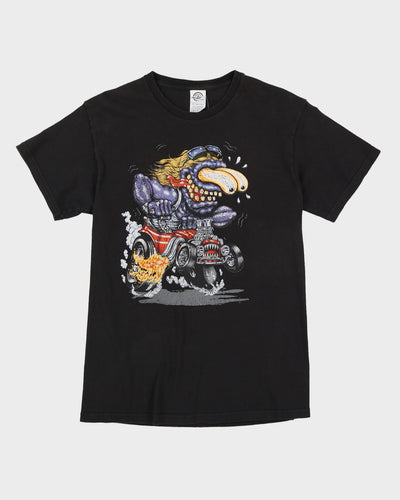 90s Flaming Hot Rod Cartoon Black Graphic T-Shirt - M