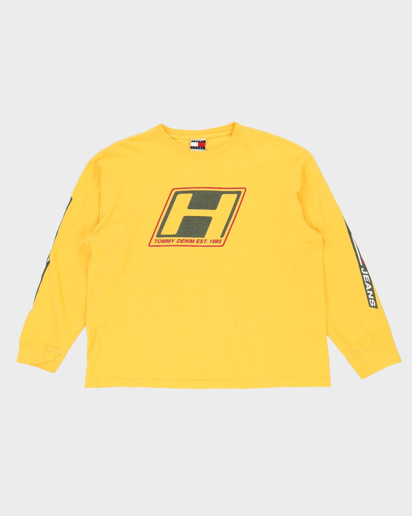 90s Tommy Hilfiger Yellow Long Sleeve Graphic T-Shirt - L