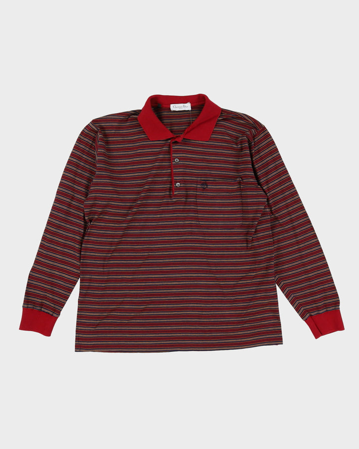 Vintage 90s Christian Dior Red Striped Long Sleeve Polo Shirt - L