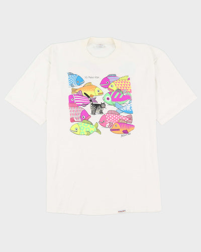 Vintage 90s So Many Fish Crazy Shirt Graphic White Single Stitch T-Shirt - XL
